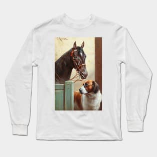 Friends, a Bay and a St Bernard in a Stable by Carl Reichert Long Sleeve T-Shirt